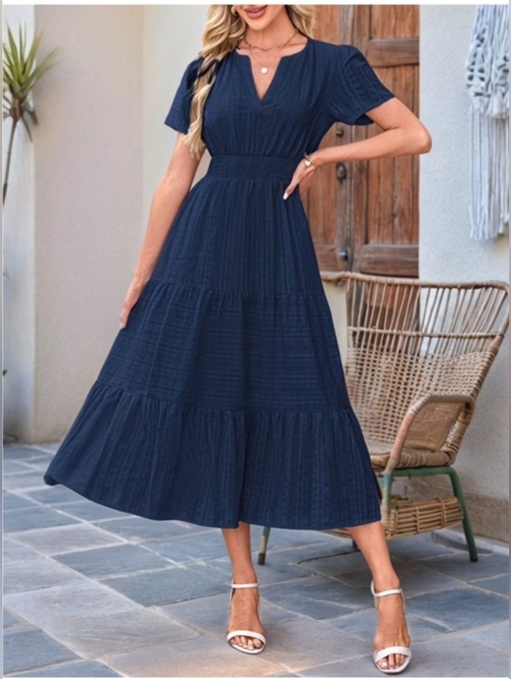 Classic Navy Midi Dress with Smocked Waist